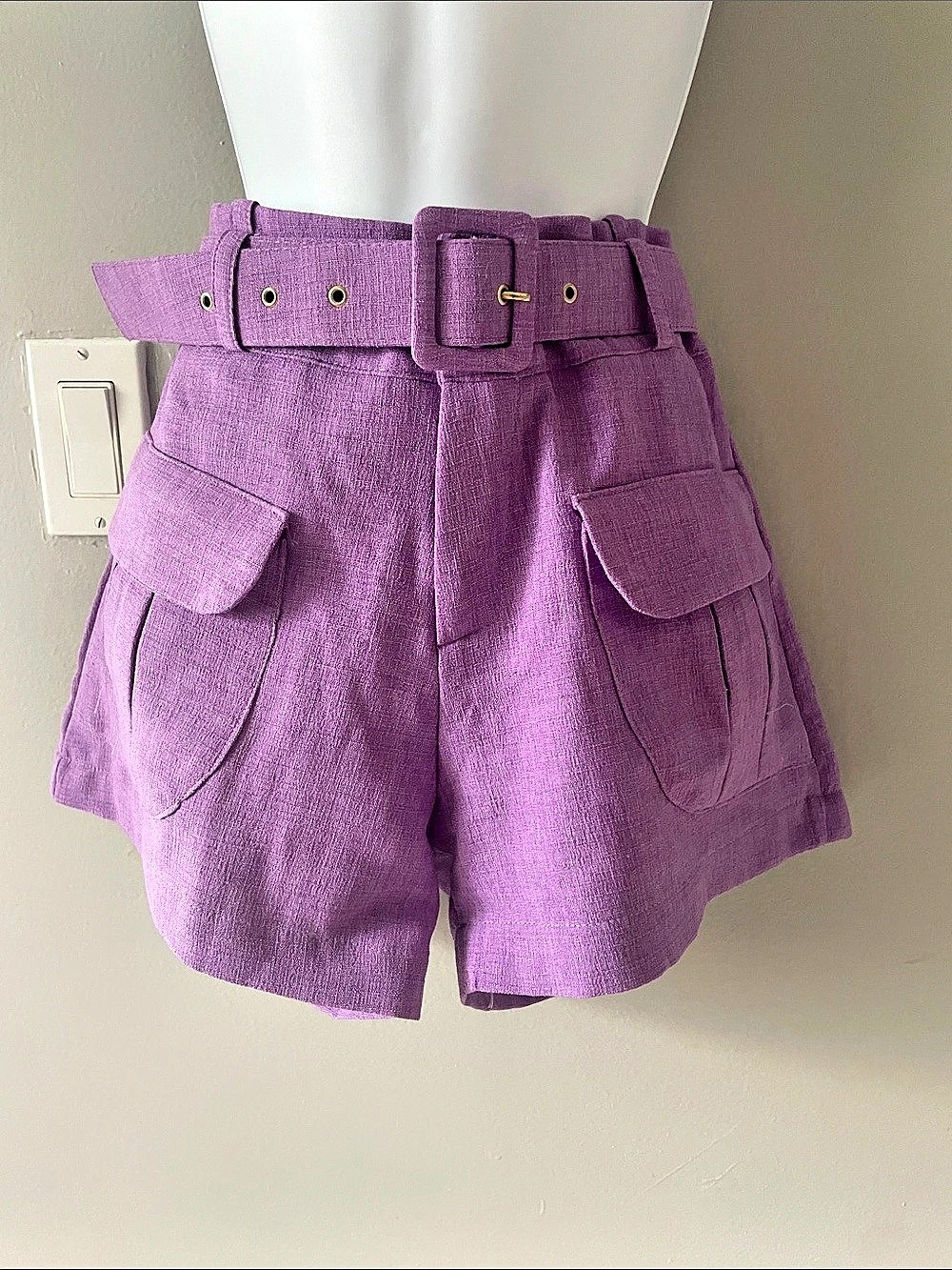 LALIZ High-Waist Belted Cargo Shorts in Purple Size Medium